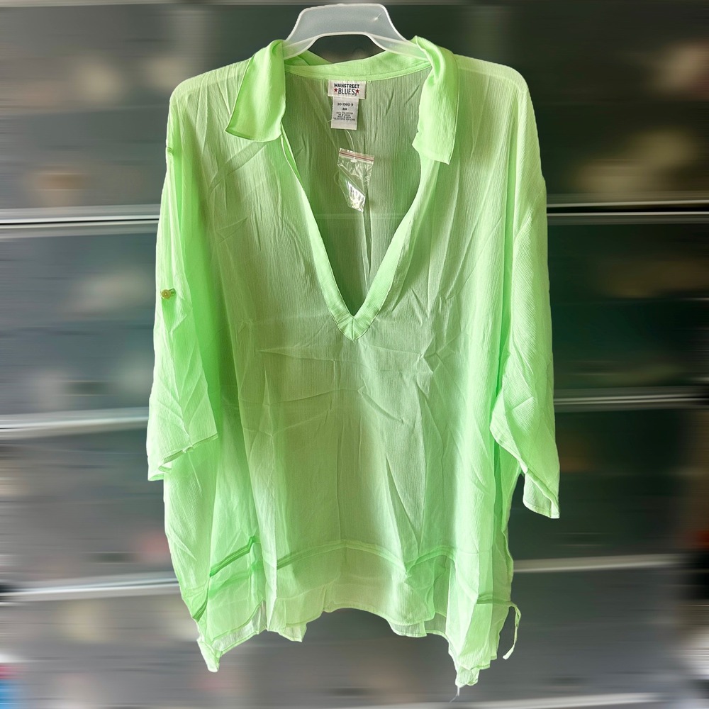 Mainstreet Blues Lime Green Sheer V-Neck Tunic Top Roll Tab Sleeve 4X 30-1980-9